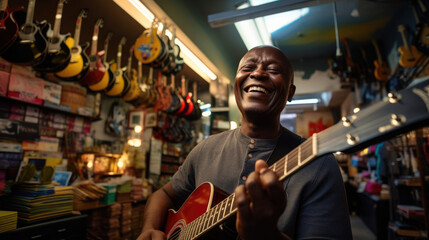 The black business owner showcases their vibrant music store,  embracing diverse rhythms