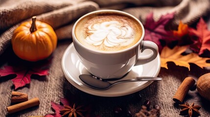 a cup of coffee on a table with autumn leaves and pumpkins in the background photo is taken from above