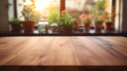 Empty wooden table in kitchen
