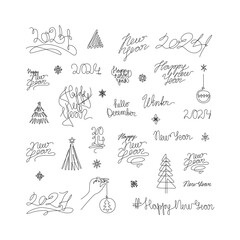 New Year set, 2024 inscription, for flyers, greeting cards, banner, brochures. Christmas tree and snowflake. Minimal cover design. Continuous line drawing. Isolated vector. 
