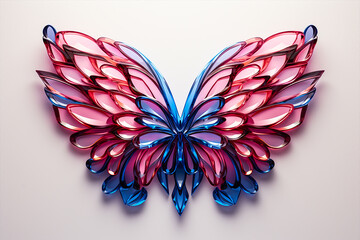 Pink and blue neon geo-symmetric wings on a light background. Futuristic shape, abstract modeling. Generative Ai