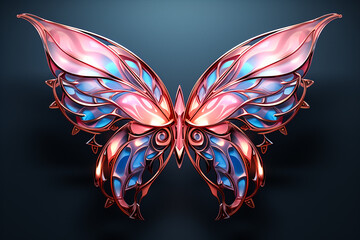 Pink and blue neon geo-symmetric wings on a fark background. Futuristic shape, abstract modeling. Generative Ai