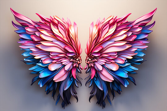 Pink and blue neon geo-symmetric wings on a light background. Futuristic shape, abstract modeling. Generative Ai