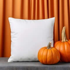 Blank white Pillow Mockup, Autumn pumpkin Background, Product photography, minimalistic
