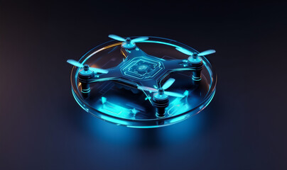 Blue 3d quadrocopter in isometric view. Drone on dark background. AI drone concept