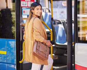 Happy, business woman and travel on bus, journey or public transport service and person commute...