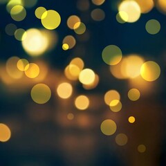 Golden yellow bokeh on black background. Dark toned festive illustration. AI