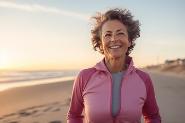 Middle aged Caucasian woman during jogging workout on the morning beach.