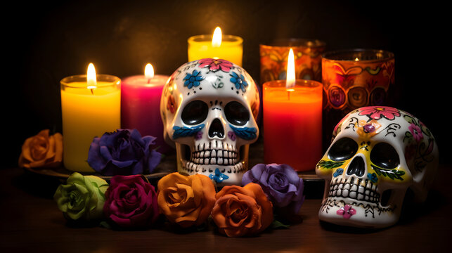 ornate white sculls with candles and flowers for Dia de los muertos or day of the dead celebration. Not based on any actual person, scene or pattern.