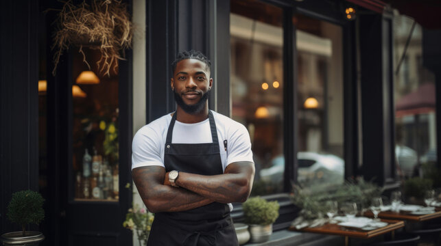 A black culinary enthusiast poses in front of their gourmet restaurant,  a haven for food lovers