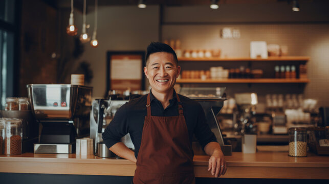 An Asian Business Owner Poses In Front Of Their Specialty Coffee Shop,  Brewing Passion In Every Cup