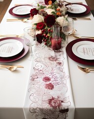 a wedding table setting with red and white florals, gold place settings and burgundy napkins on the table
