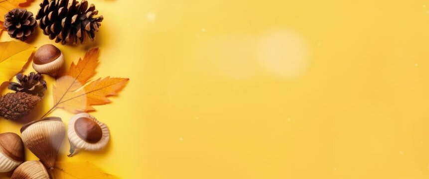 Anamorphic video autumn elements such as leaves, acorns and pine cones on yellow background.
