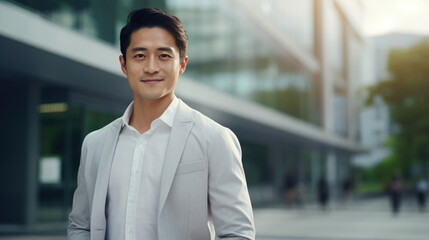 Obraz premium An Asian entrepreneur stands confidently outside their tech startup, ready to make waves in the industry