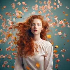 Picture of an attractive Redhead woman in front of an explosion of beautiful flowers representing Spring time
