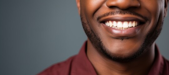 Fototapeta premium Happily smiling African American young man with perfectly white even teeth. Smiling mouth close up. Picture on grey background.