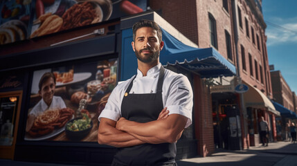 A culinary mastermind stands tall outside their fusion restaurant,  a blend of flavors from around the world