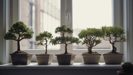 Fototapeta na wymiar a selection of small bonsai plants on the window of minimalist design, wide shot, symmetrical, in the morning light