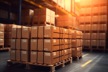 Package Boxes Wrapped Plastic Stacked on Pallets in Storage Warehouse. Supply Chain. Storehouse Distribution. Cargo Shipping Supplies Warehouse Logistics. Neural network generated in May 2023. Not