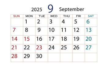 2025年カレンダー9月 - 642828214