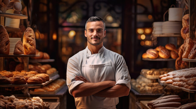 A culinary connoisseur stands proudly outside their cozy bakery,  filling the air with irresistible aromas