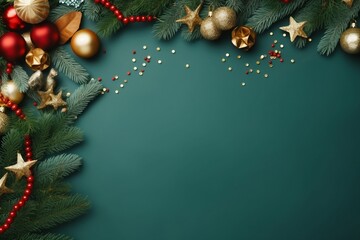 Merry Christmas.Stylish christmas border with festive decorations, confetti, fir branches on green background. Christmas flat lay, seasons greetings card template, space for text. generative ai.