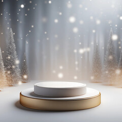 3D podium display and pine tree, Christmas lights background with snow and 3D modern pedestal design for product showcase presentation, studio lighting, AI generated.