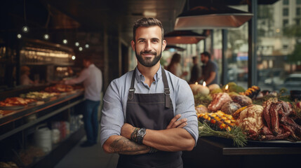 A culinary mastermind stands in front of their gourmet restaurant,  ready to tantalize taste buds