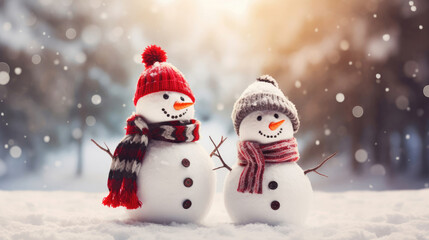 Naklejka na ściany i meble Christmas holiday banner of funny smiling snowmans with wool hat and scarf