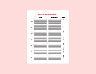 Weekly meal planner printable page. Vector template of cooking plan and shopping list. Illustration with food elements