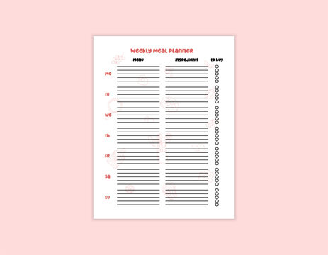 Weekly meal planner printable page. Vector template of cooking plan and shopping list. Illustration with food elements