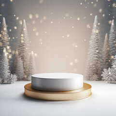 3D podium display and pine tree, Christmas lights background with snow and 3D modern pedestal design for product showcase presentation, studio lighting, AI generated.