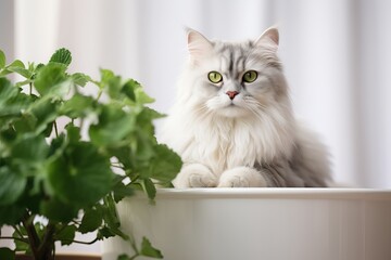 a big grey long hair cat sitting on a couch in a room with white walls, many green house plants, much daylight, modern minimalistic scandinavian interior