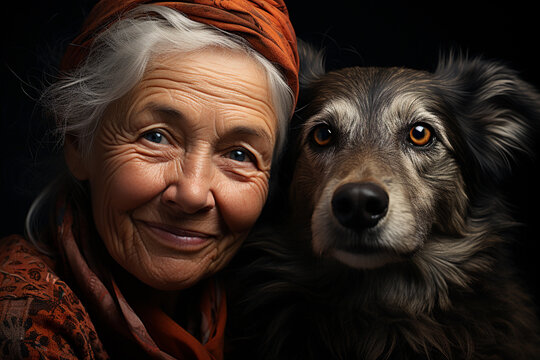 Portrait of an elderly woman with her dog on a black background