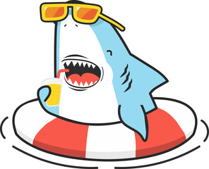 Cute shark inflatable ring with glass of juice