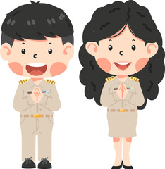 teacher greeting of Thai government uniform with namaste pose