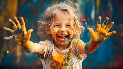 Joyful child girl laughs and shows dirty hands with colorful paint