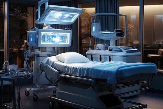 a hospital room with a bed, monitor and medical equipment in the foreground image is 3d illustration stock photo