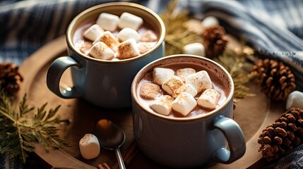 two mugs of hot chocolate topped with marsh and marsh on a wooden tray surrounded by pine cones, christmas decorations