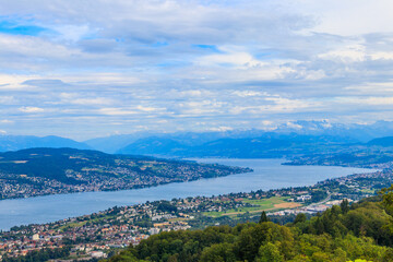 Fototapeta na wymiar Aerial panorama of Zurich city and Lake Zurich from the Uetliberg mountain, Switzerland