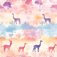 Combine soft watercolor strokes with intricate animals tropical vintage trees and animals Hand drawn floral seamless pattern