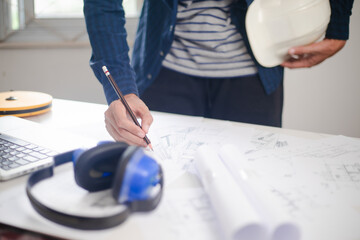 Architect engineer contractor design working drawing sketch plan blueprint. Concept architects,...