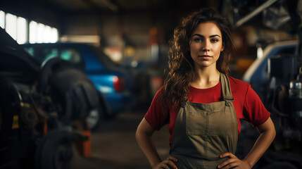 Female car mechanic in workshop garage with cars in background. Generative AI