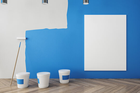 Modern interior with mock up poster, blue paint on concrete wall, painting tools, ladder, lamps and wooden flooring. Repairs concept. 3D Rendering.