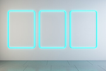 Abstract light neon blue gallery interior with mock up frames on concrete wall. Future concept. 3D Rendering.