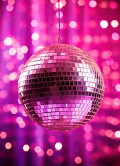 Fototapeta premium a disco ball hanging from the ceiling with pink lights in the background stock photo - premium royalty free subscription