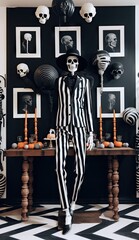 a black and white halloween party with lots of spooky decorations, such as a skeleton in the living room
