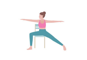 Yoga Exercises that can be done at home using a sturdy chair.
Sit tall at the edge of your seat. Bend your right knee to the side and stretch your left leg out behind. with Warrior posture.