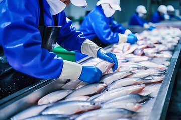 Fish processing plant. Production Line. People sort the fish moving along the conveyor. Sorting and preparation of fish. Production of canned fish. modern food industry.
