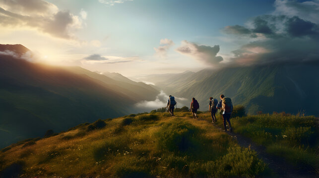 Group Of Sporty People Hiking In Mountain At Sunset